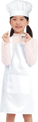 BIGHAS Juego de delantal de chef para niños y niñas, correa ajustable para el cuello, cierre de gancho y bucle, diseño de cintura para hornear Blanco