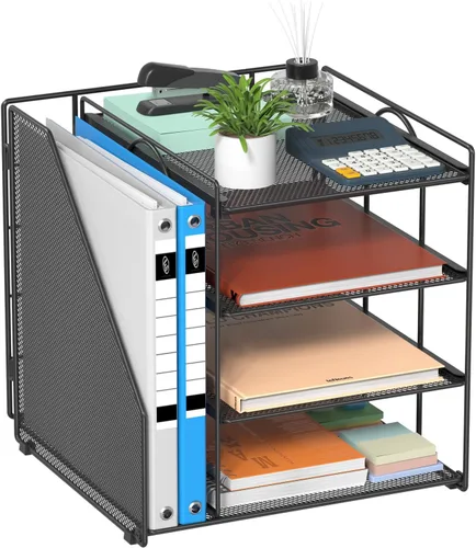 Miniatura 8 de Organizador de archivos de escritorio azul y accesorios, organizador de papel de 4 niveles con soporte para archivos vertical, accesorios de Azul