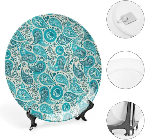 Miniatura 4 de Plato decorativo de 6 pulgadas, artesanía de cerámica turquesa, patrón floral antiguo de cachemira, estampado clásico de Oriente Medio, para colgar