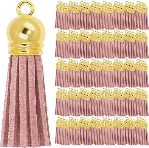 Miniatura 35 de Mandala Crafts 100 borlas de gamuza sintética color aguamarina con tapa dorada, suministros para hacer llaveros a granel, pequeñas borlas de cuero