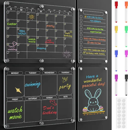 Paquete de 4 calendarios magnéticos para refrigerador, calendario acrílico transparente para refrigerador con 8 marcadores coloridos, imán de