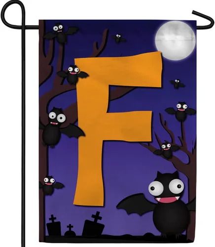 Bandera de jardín con monograma de Estados Unidos para siempre, diseño de murciélagos de Halloween, 12.5 x 18 pulgadas, letra F, banderas pequeñas