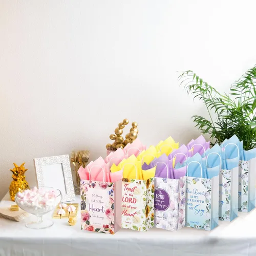 Miniatura 5 de Sinmoe 48 bolsas cristianas para recuerdos de boda con asas, diseño de girasol y mariposa, bolsas de regalo de tejido con versículo de la Biblia
