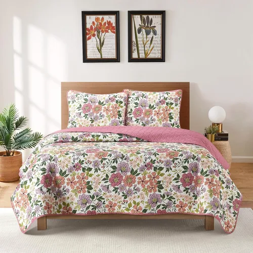 Miniatura 16 de Grand Avenue Juego de edredón floral tamaño Queen, 3 piezas, estampado de microfibra doble pinsonic, colchas y colchas Azul