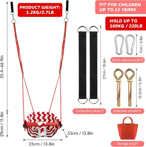 Miniatura 7 de Columpio para niños pequeños – Cómodo columpio para bebé, interior y exterior, asiento de columpio para niños, arnés de seguridad, sistema de Rojo