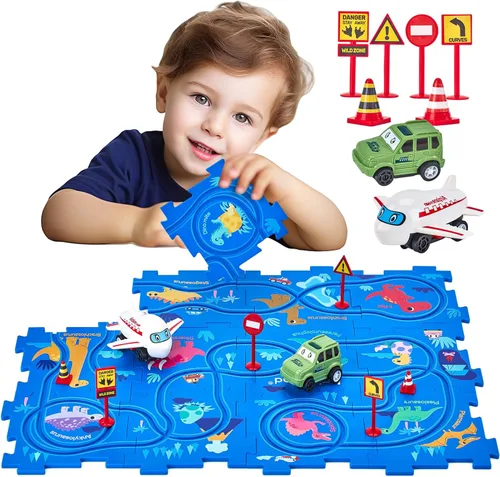 hahaland Puzzle Racer Juego de Pista de Coches para Niños - Tamaño Más Grande de 5x5 Pulgadas de Cada Pieza, Juguetes para Edades 3-4, para Niños de