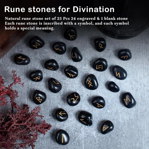 Miniatura 4 de Crocon Piedras preciosas de turmalina negra Alfabeto Futhark Alfabeto Grabado Runa Piedra 25 Piezas Set para Feng Shui Chakra Equilibrio Reiki