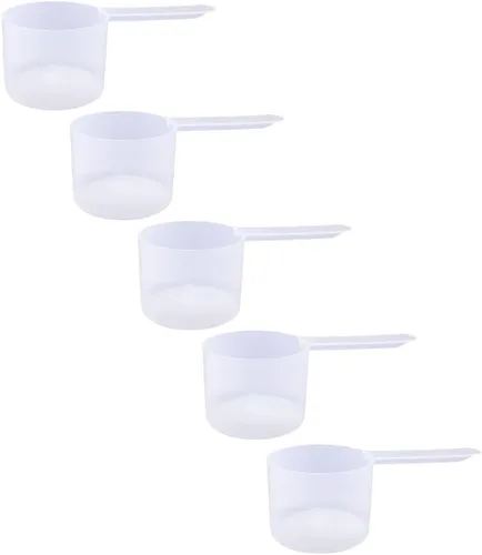 Conjunto de 5 cucharas medidoras de plástico, 6 cucharadas (90 cc | 3/8 taza | 3 oz. | 90 mL) con mango largo para polvos, gránulos, café, comida