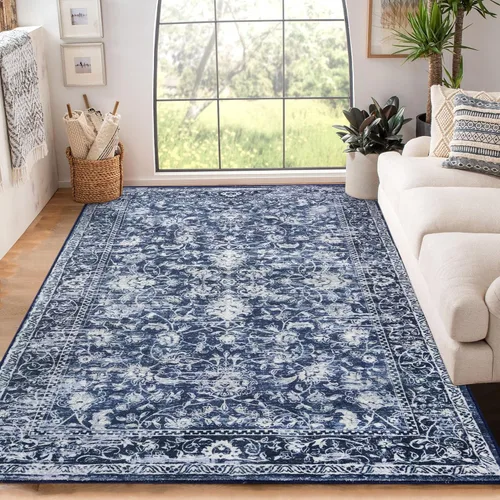 Miniatura 94 de KILOCOCO Alfombra lavable de 2 x 3 para entrada, estampado floral vintage, suave, antideslizante, azul, alfombras de cocina, tapete