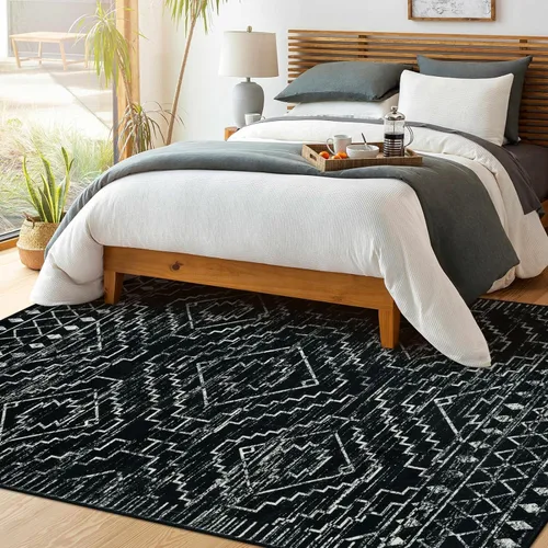 Miniatura 7 de Wonnitar Alfombra marroquí lavable de 5 x 7 pies, color negro, alfombra grande para sala de estar, antideslizante, bohemio, para dormitorio