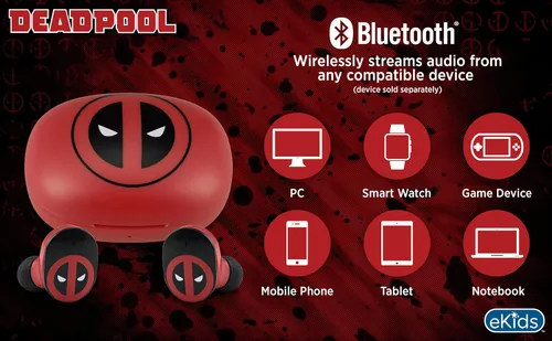 Miniatura 4 de eKids Deadpool - Auriculares inalámbricos con micrófono, auriculares Bluetooth con estuche de carga (Deadpool)