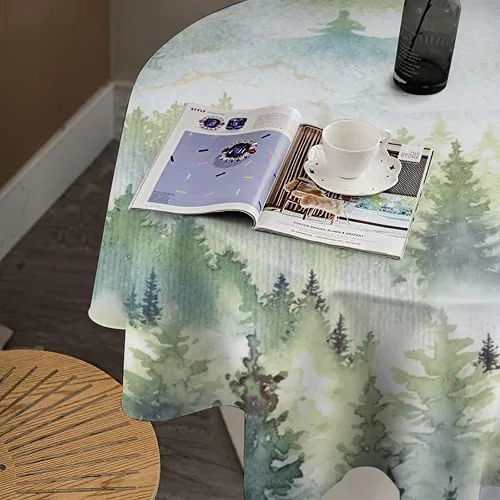Miniatura 4 de Mantel redondo de montaña con bosque brumoso, acuarela, verde brumoso, rústico, paisaje, pájaros, naturaleza, arte, para interiores y exteriores
