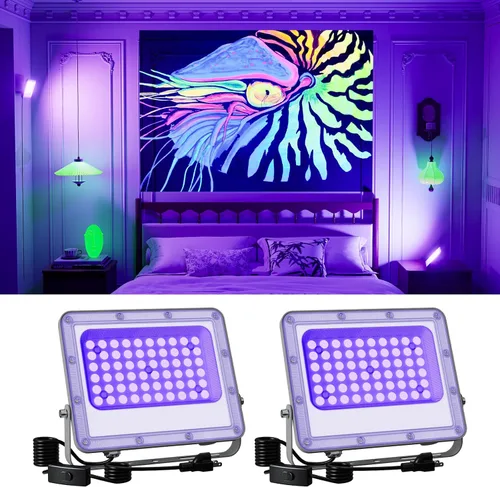 Paquete de 2 luces de inundación de luz negra de 50 W con cable de 120 V IP66 impermeable UV LED luz negra para exteriores o interiores para Violeta