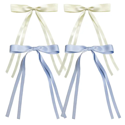 Pinzas para el pelo con borla y cola larga, lazos de satén grandes para mujeres y niñas (azul+beige)