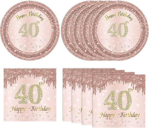 Juego de 40 platos y servilletas de 40 cumpleaños para mujeres, juego de vajilla desechable para fiesta de 40 años de edad para decoración de 40º