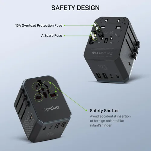 Miniatura 7 de EPICKA Adaptador de viaje universal GaN 45W, adaptador de enchufe de viaje europeo con carga rápida PD&QC (2 puertos USB-A y 3 puertos USB-C)