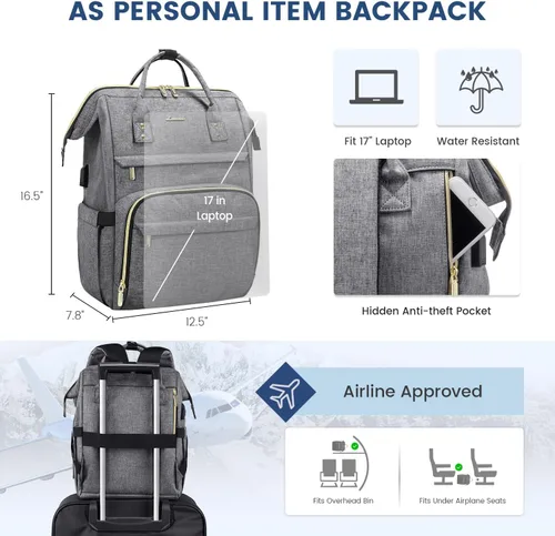 Miniatura 3 de LOVEVOOK - Mochila de 17 pulgadas para laptop para mujer, mochila grande de viaje y para computadora con puerto de carga USB, mochila antirrobo