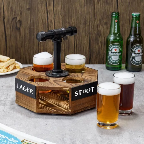 Miniatura 5 de MyGift Juego de servidor de vuelo de cerveza geométrica de madera maciza quemada con mango de tubo de metal industrial rústico, 4 vasos de cerveza