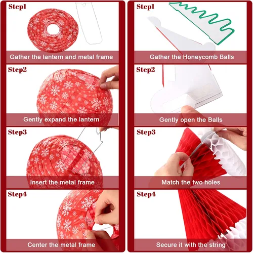 Miniatura 3 de Juego de 17 linternas de papel colgantes de Navidad 3D para Papá Noel, linterna de papel, sombrero de Papá Noel, árboles de Navidad, bolas de panal