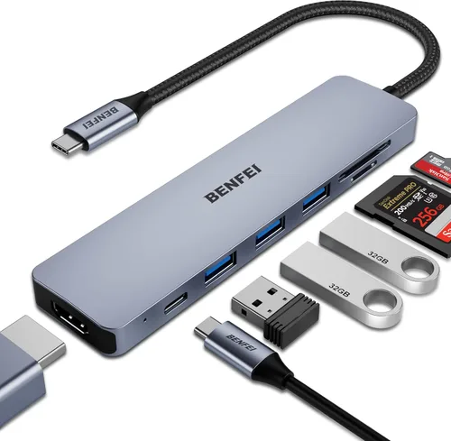 Miniatura 10 de BENFEI HUB USB C 7 en 1, Adaptador HUB Multipuerto USB-C con HDMI (Certificado 4K @ 60Hz)/Entrega de energía de 100W/3*USB 3.0 5Gbps/Lector de Negro