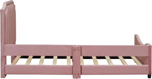 Miniatura 5 de Sofá cama tapizado tamaño individual, bonito sofá cama de cuero de terciopelo con cabecera clásica en forma de rayas, base de cama de madera