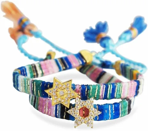 Miniatura 18 de Alef Bet by Paula Macrame Friendship Bracelet in Shades of Blue with Gold-plated Jewish Star of David Charm