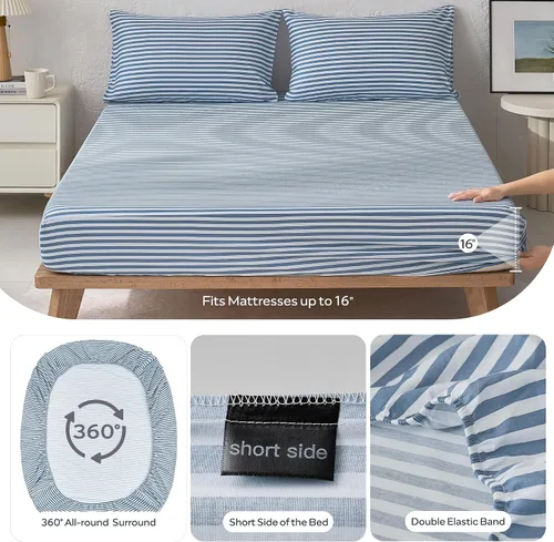 Miniatura 5 de JELLYMONI Juego de sábanas 100% algodón – Rayas azules y blancas polvorientas, tamaño individual, ropa de cama suave con sábana bajera de bolsillo