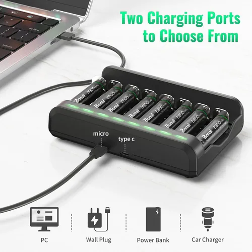 Miniatura 5 de BONAI Baterías recargables AA 2800mAh 8pack con cargador inteligente para AA AAA C D NiMH batería
