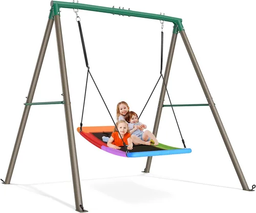 Miniatura 8 de Trekassy Columpio de Plataforma Grande Tipo Platillo de 60" con Marco para Niños al Aire Libre, Juego de Columpio de 440lbs con Soporte de Metal