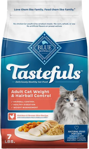 Blue Buffalo Tastefuls Alimento seco para gatos adultos para control de peso y control de bolas de pelo, fabricado en los Estados Unidos con