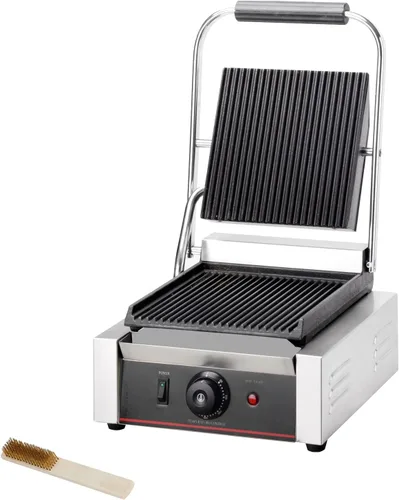 Prensa comercial Panini con parrilla ranurada, máquina para hacer sándwiches, parrilla eléctrica de contacto individual (parte superior e inferior