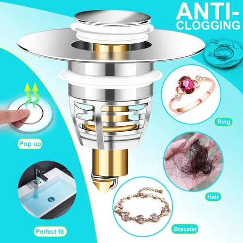 Miniatura 4 de Paquete de 2 tapones universales para lavabo de baño, tapón de drenaje desplegable para lavabo, filtro de drenaje para lavabo de 1.06 a 1.61