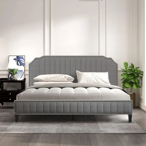 Miniatura 3 de Base de cama tapizada Queen con cabecero, base de colchón con soporte de listones de madera, cama de plataforma moderna, no necesita somier, fácil