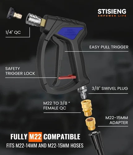 Miniatura 6 de Pistola de lavado a presión corta con giro de 360°, kit de pistola de lavado de alta presión con 5 puntas de boquilla, adaptadores M22-0.551 in