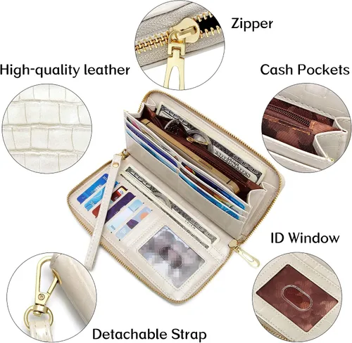 Miniatura 5 de Badiya Cartera para mujer con bloqueo RFID de cuero con cremallera de gran capacidad para tarjetas de crédito bolso largo Blanco