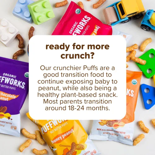 Miniatura 8 de Puffworks Baby Organic Peanut Butter Puffs, perfecto para la introducción temprana del maní, proteína a base de plantas, USDA orgánico, sin gluten