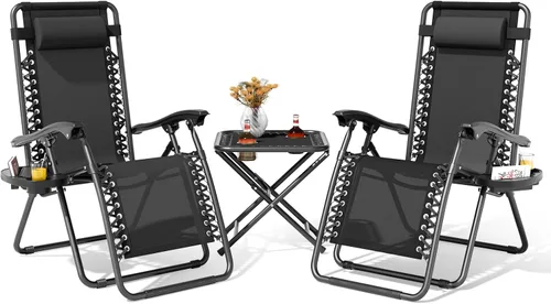 Magshion Juego de 2 sillas plegables de gravedad cero, sillas de campamento reclinables para exteriores, sillas reclinables para patio con mesa Negro
