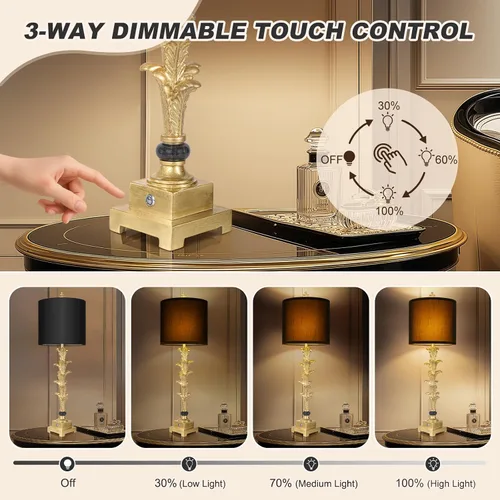 Miniatura 3 de Juego de 2 lámparas de mesa para sala de estar, lámparas táctiles regulables de 3 vías con puertos USB A+C, acabado en hoja de oro, lámparas