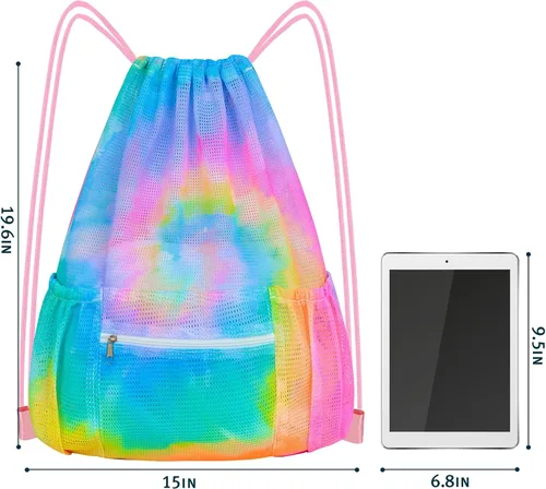 Miniatura 6 de Mochila de malla con cordón, bolsa de gimnasio deportiva grande para mujeres y niños con bolsillo y cremallera para playa, yoga, fútbol, fútbol