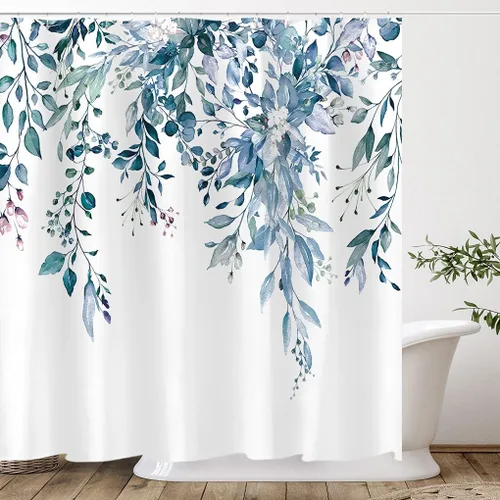 Miniatura 80 de Tititex Spun Sugar - Juego de cortinas de ducha de eucalipto azul claro, hojas de acuarela brillantes en la parte superior, decoración floral