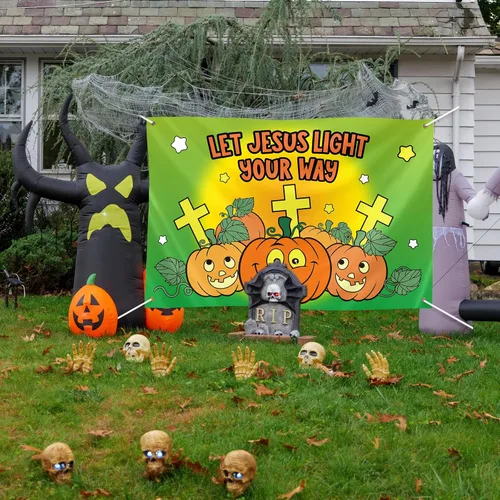 Miniatura 6 de Preboun 3 carteles de telón de fondo de calabaza cristiana de Halloween para fiestas, 40 x 60 pulgadas, decoración religiosa de tronco o trato