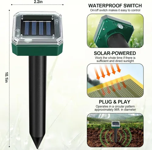 Miniatura 3 de Tirgo Repelente de topos con energía solar para césped, repelente de serpientes para patio, trampa repelente de troncos de marmota, ultrasónico