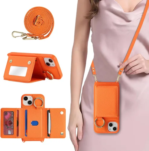 Miniatura 25 de Funda para iPhone 14 Plus con tarjetero y correa para mujer, cordón cruzado, espejo de maquillaje, soporte de anillo, cierre a presión, bonitas Rosa