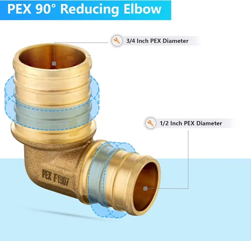 Miniatura 3 de Paquete de 10 codos reductores PEX, latón de 3/4 x 1/2 pulgadas, 90 grados, certificado ASTM F1807