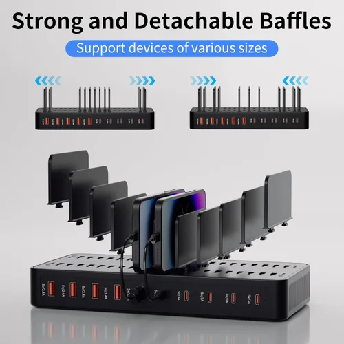 Miniatura 6 de Estación de carga de 60 W para múltiples dispositivos, estación de carga rápida USB de 10 puertos con divisores ajustables, base de carga