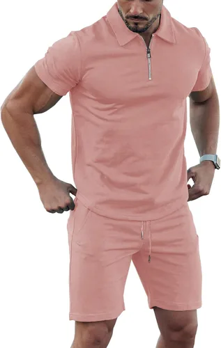 URRU Conjunto casual de polo y pantalones cortos de manga corta para hombre, conjunto de dos piezas, conjunto deportivo con cremallera para hombre,