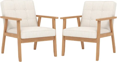 Miniatura 10 de Silla decorativa moderna con reposabrazos, silla de ocio tapizada de tela de lino con botón de respaldo y marco de madera para sala de estar, Beige