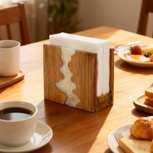 Miniatura 2 de Servilletero de madera de acacia para mesa, hecho a mano con diseño único de ondas y base resistente de 1.2 in para mesa de cocina, comedor, Blanco