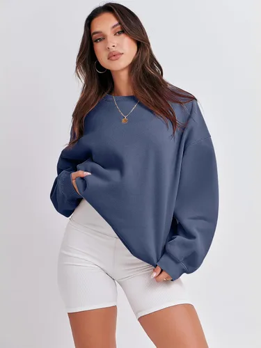 Miniatura 6 de ANRABESS Sudadera de manga larga para mujer, casual, cuello redondo, ajuste holgado, sudadera con capucha de forro polar para otoño