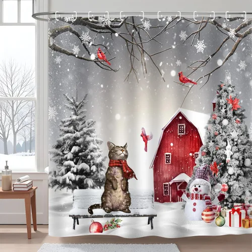 Miniatura 3 de Cortina de ducha con diseño de gato de Navidad, árbol de pino, cardenal, pájaro, muñeco de nieve, cabaña, copo de nieve, escena de vacaciones